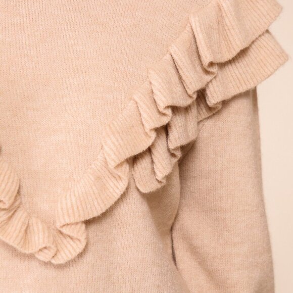 LUMIERE Neutral Ruffle Detail Sweater, eige Tan,Feminine Statement Knit Pullover - Picture 5 of 5